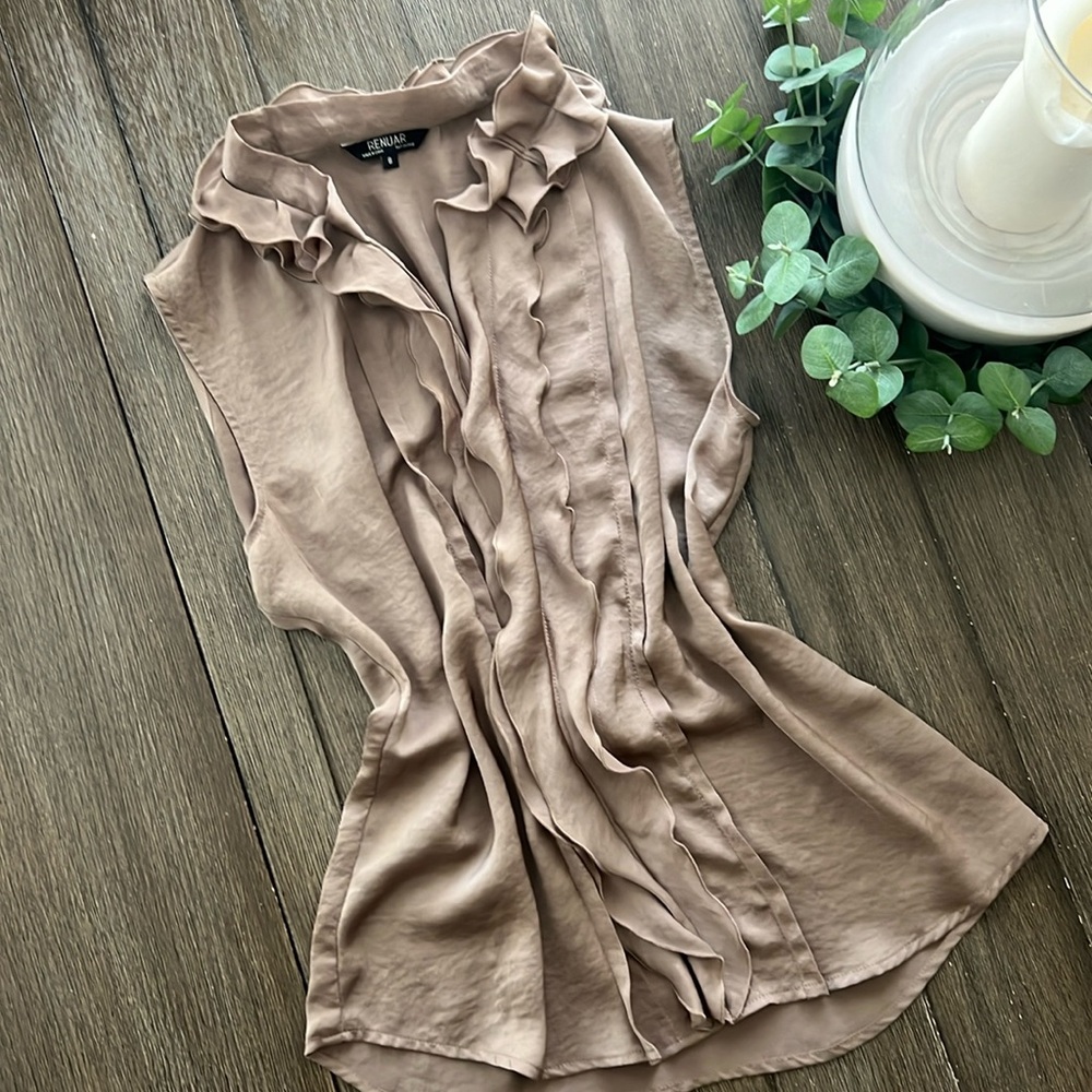 Renuar Sleeveless Champagne Ruffle top. Work wear or girls night out.